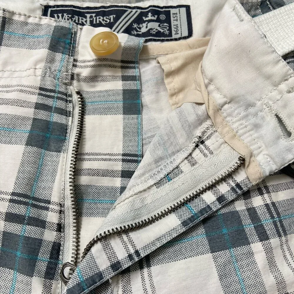 Wear First Flat Front Belted Cargo Shorts – Off‑White/Gray Plaid, Men’s Size 34